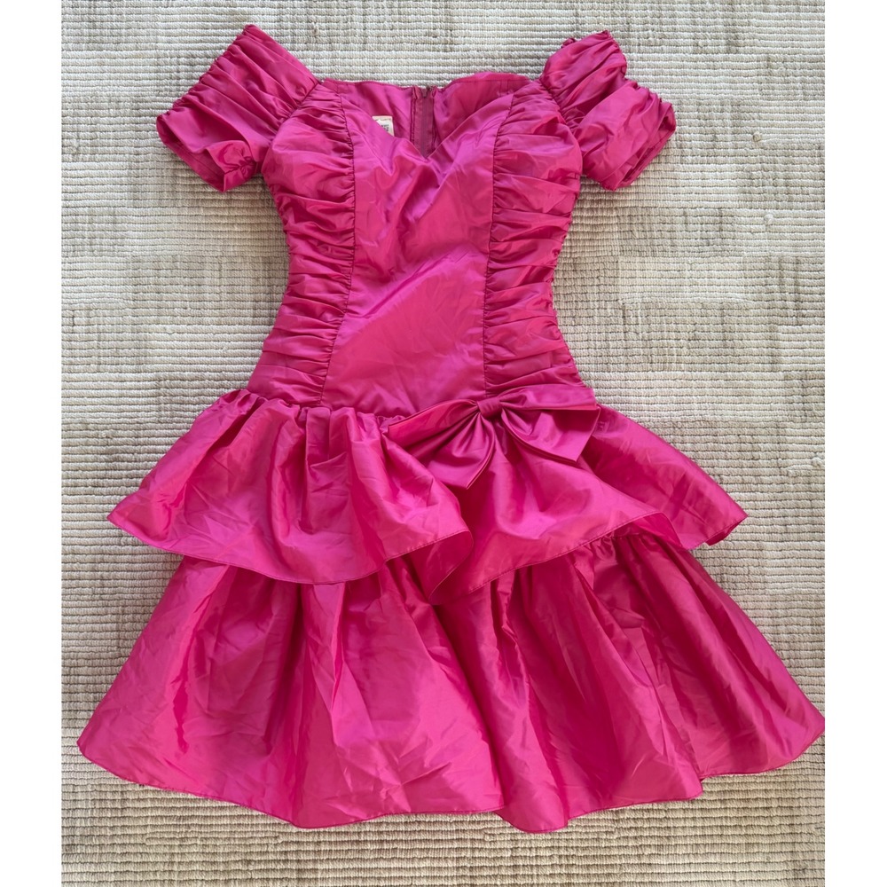 Vintage 80s Hot Pink Ruched Ruffle Prom Dress Off Shoulder ILGWU Made USA 9/10